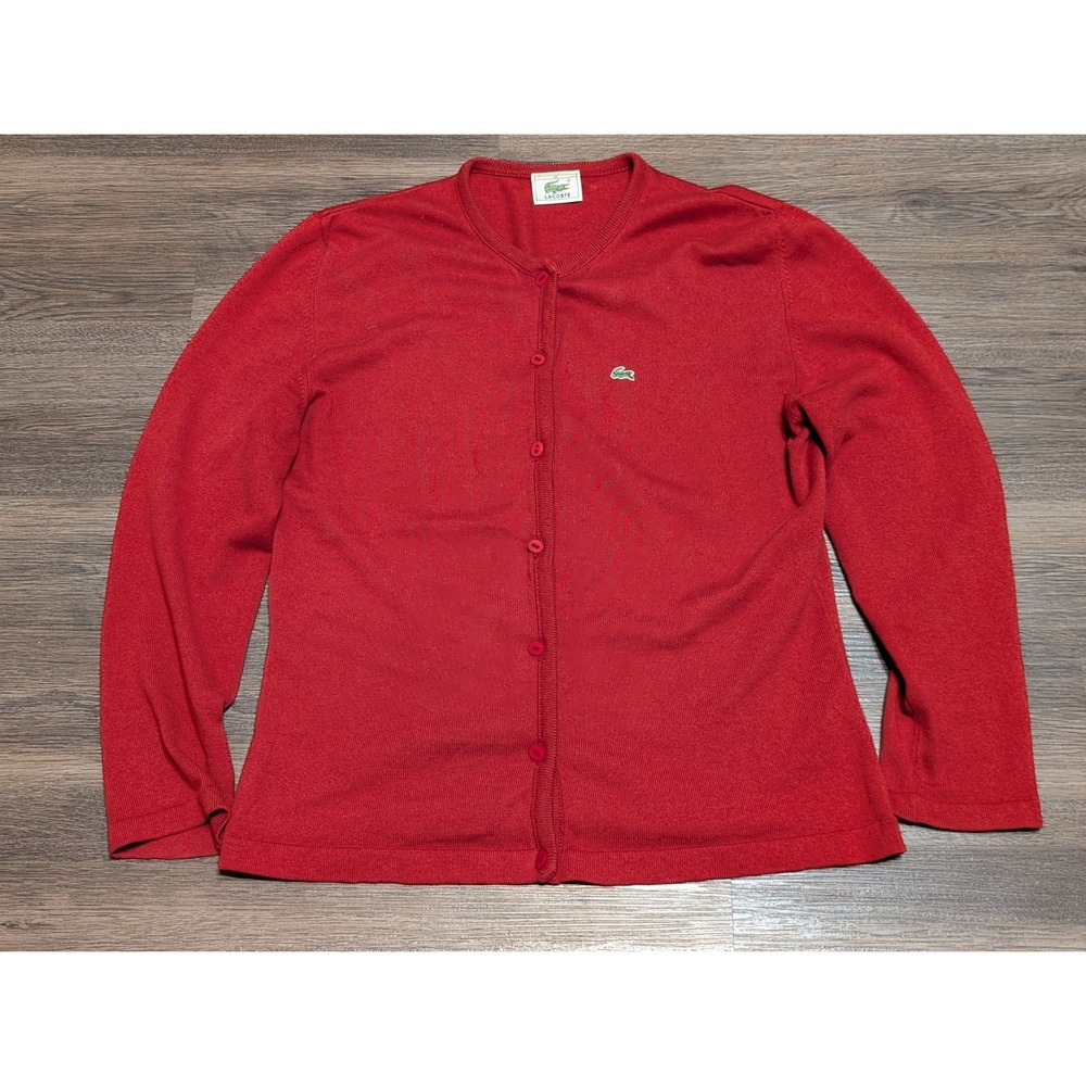 Lacoste Womens Red Button Front Cardigan Sweater Croc Logo Long Sleeve Size 44